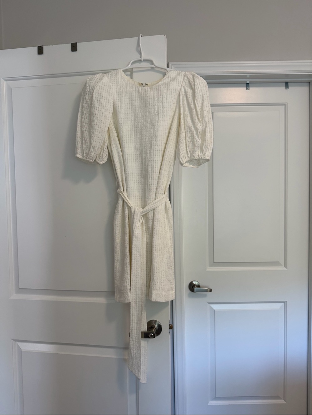 English Factory White Check Print Puff Sleeve Belted Tie Waist Mini Dress-Small
